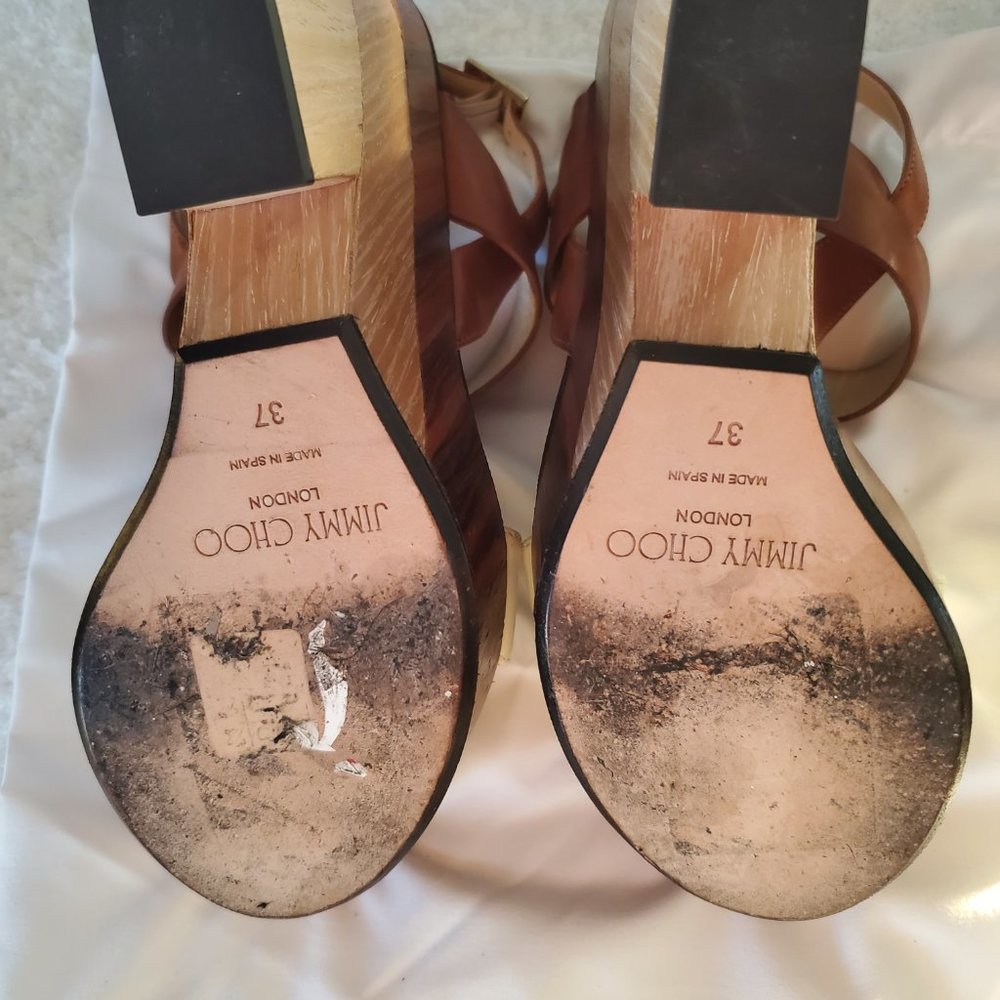 Jimmy Choo Women's Brown/White Notion Layered Wood Wedges - Picture 6 of 6